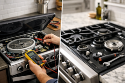 Technician inspecting electric and gas ranges side by side in a modern kitchen repair setting with tools nearby
