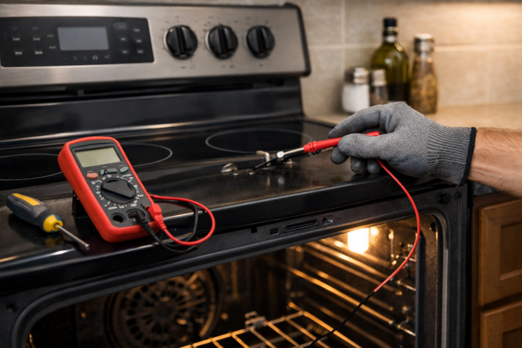 Electric range temperature sensor being tested by technician with multimeter in modern kitchen setting