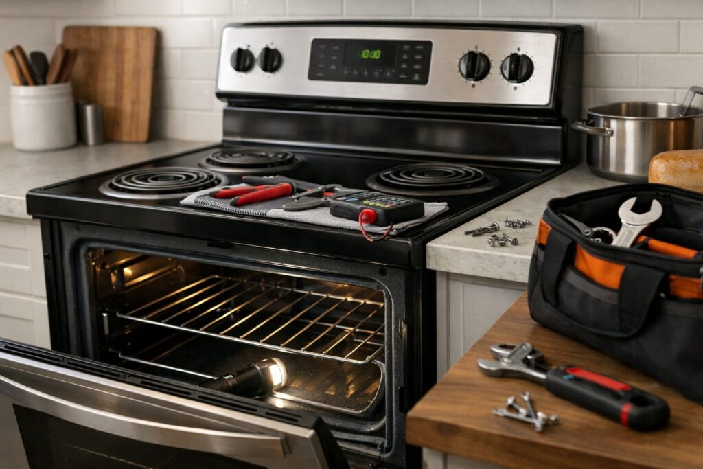 Electric range in a modern kitchen with a technician inspecting the appliance for repair and maintenance.
