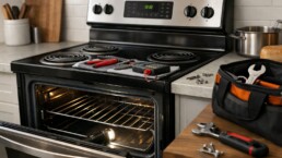 Electric range in a modern kitchen with a technician inspecting the appliance for repair and maintenance.