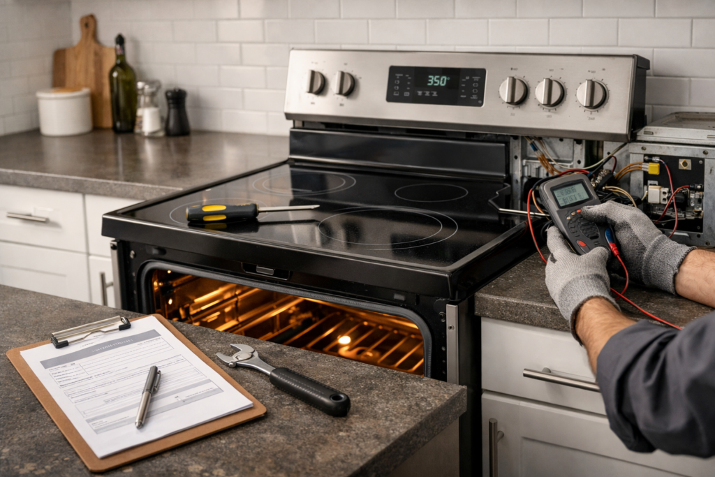 Electric range in a modern kitchen with warranty documents and repair tools on the countertop nearby