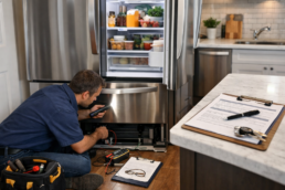 Technician inspecting a French door refrigerator in a modern kitchen with repair tools nearby and warranty documents on