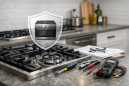 Technician inspecting a modern gas range in a clean kitchen with warranty documents on the counter nearby