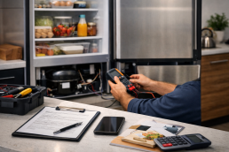 Technician inspecting modern refrigerator in a bright kitchen with warranty paperwork on nearby counter