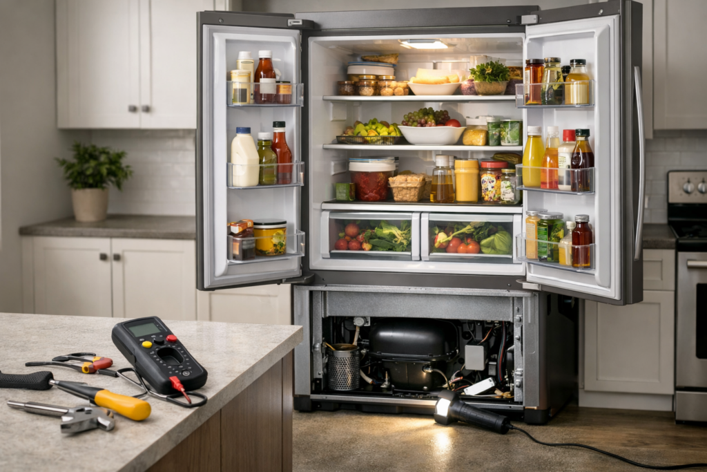 modern kitchen with a French door refrigerator open showing organized food storage and a technician inspecting the appliance