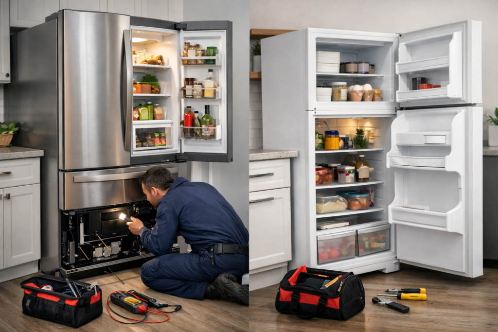 Technician inspecting open French door refrigerator in modern kitchen with repair tools on countertop nearby