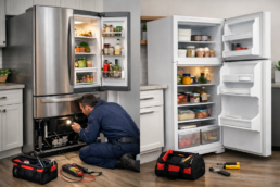 Technician inspecting open French door refrigerator in modern kitchen with repair tools on countertop nearby