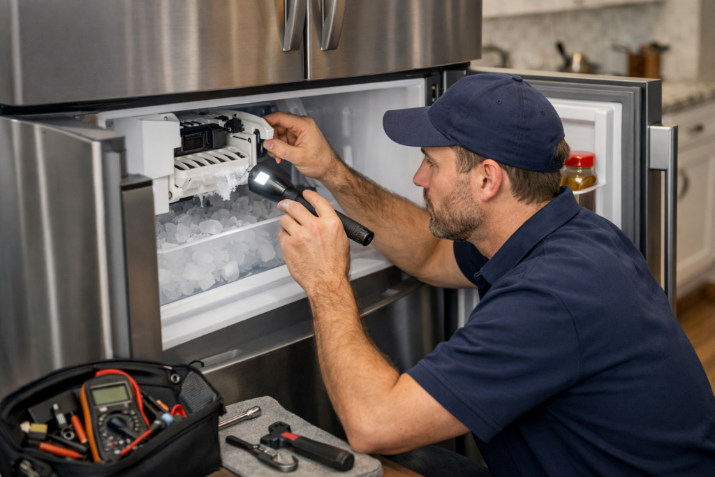 technician inspecting ice maker inside open French door refrigerator in modern kitchen setting