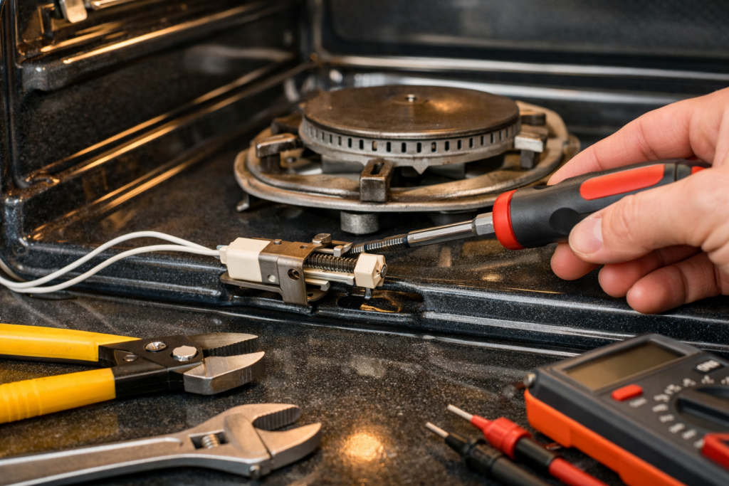 Technician inspecting gas range oven igniter with tools in a modern kitchen repair setting