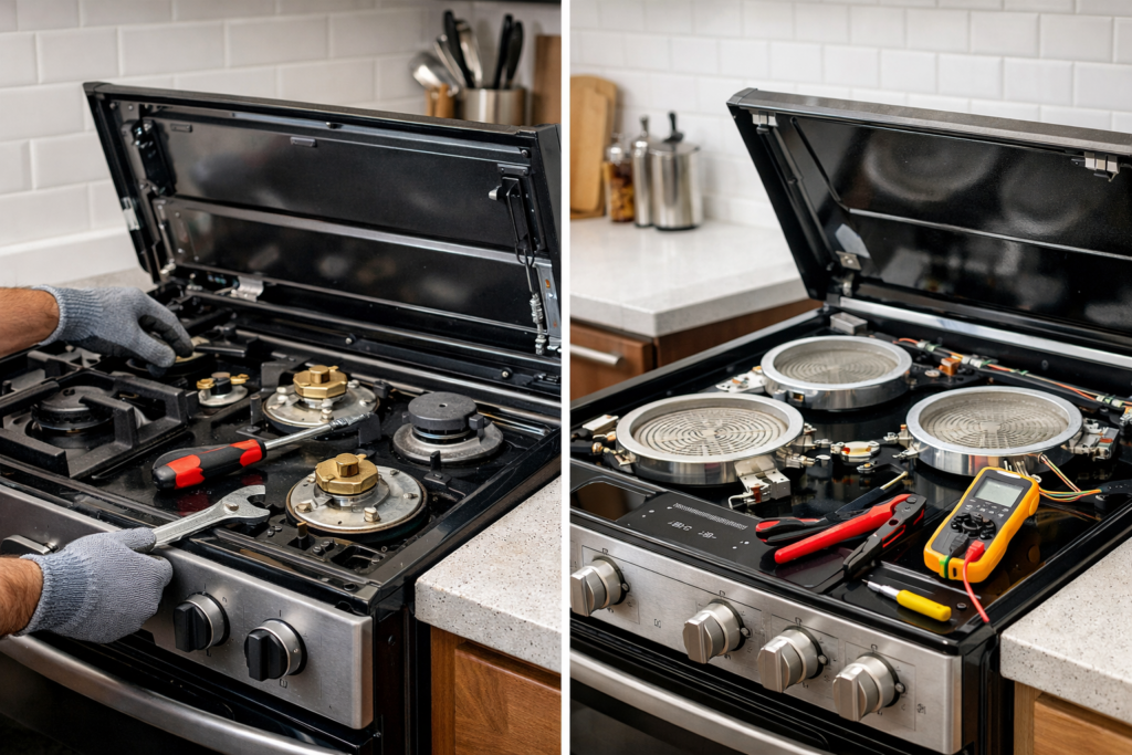 Technician inspecting and repairing a gas range stove in a modern kitchen with natural lighting and repair tools visible
