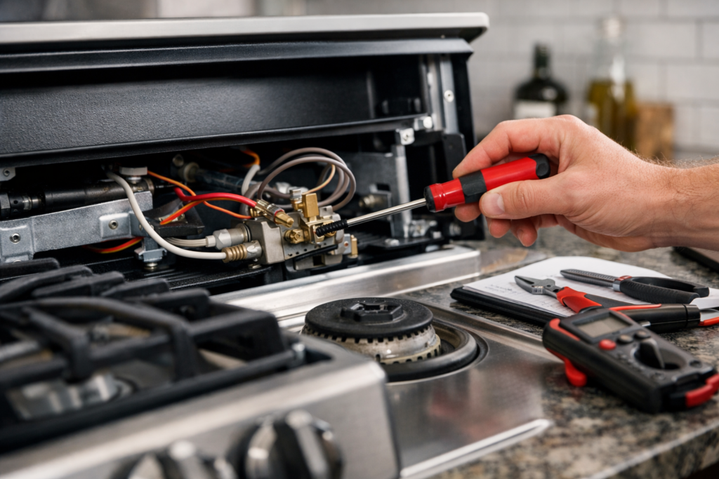 Technician repairing a gas range thermostat in a modern kitchen with visible tools and appliance controls