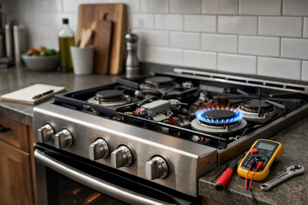 modern kitchen gas range with technician inspecting burner components for long-term reliability and repair assessment