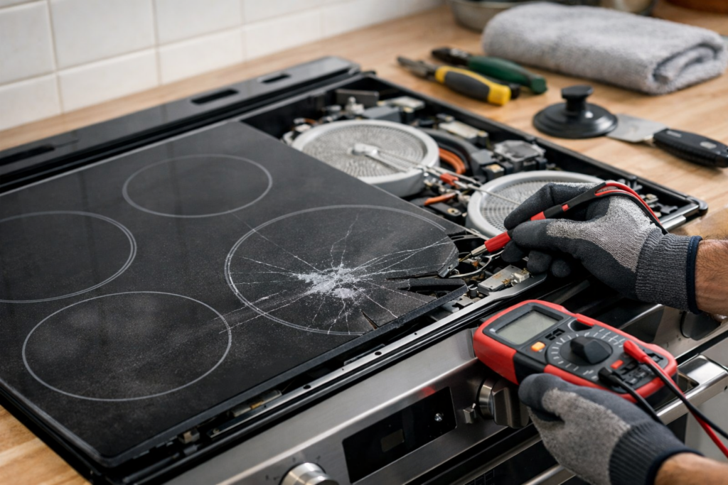 Technician inspecting a glass cooktop on an electric range in a modern kitchen during a repair service