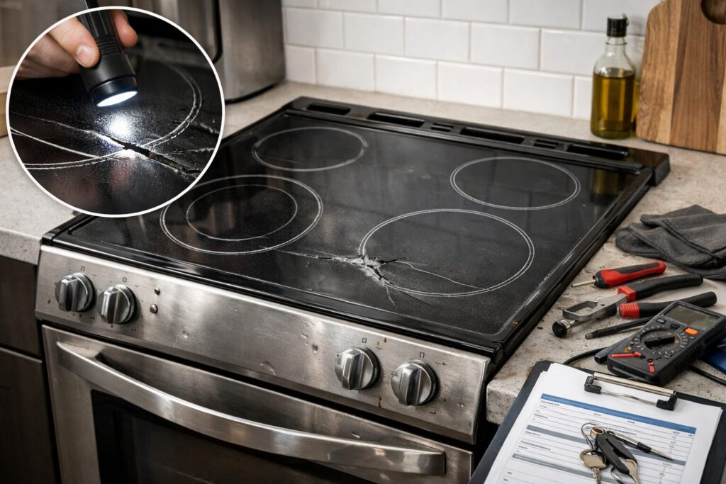technician inspecting glass cooktop on scratch and dent electric range in modern kitchen setting