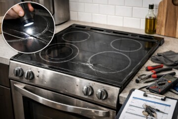 technician inspecting glass cooktop on scratch and dent electric range in modern kitchen setting