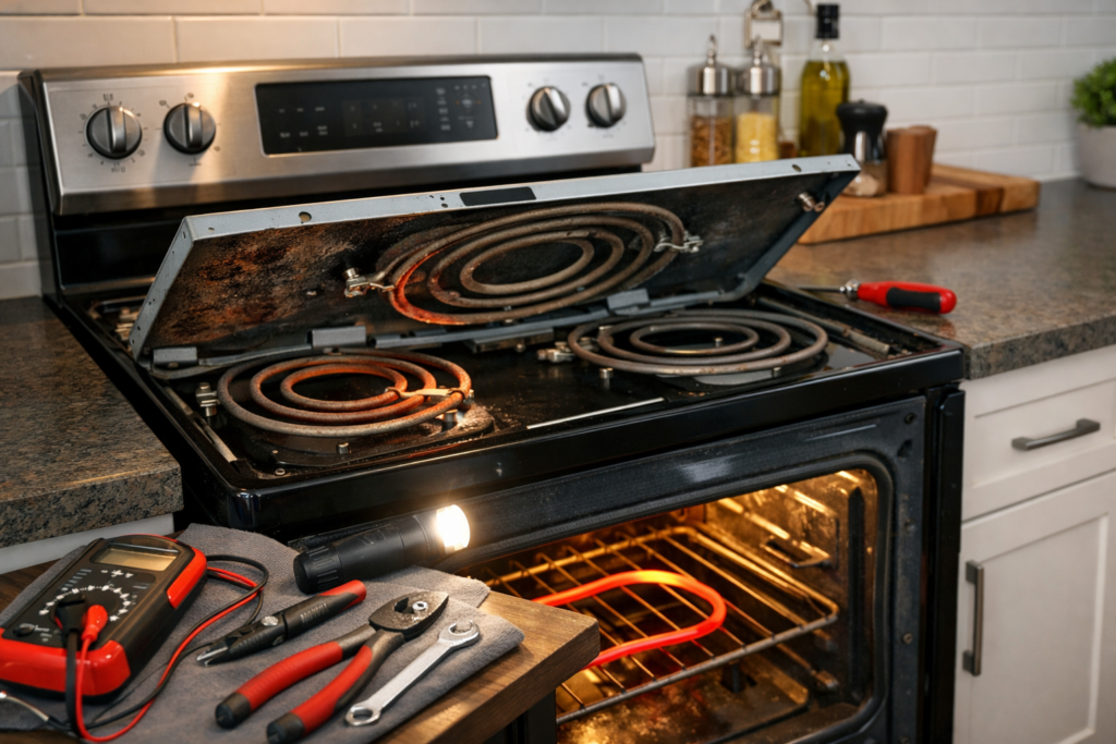 Electric range with heating element exposed and technician inspecting repair in a modern kitchen setting