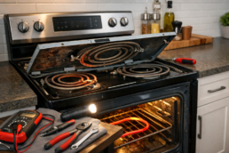 Electric range with heating element exposed and technician inspecting repair in a modern kitchen setting