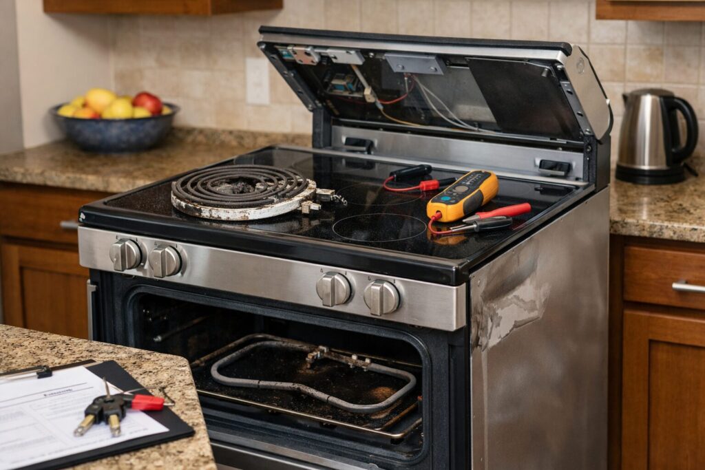 technician inspecting heating element of electric range in modern kitchen repair setting