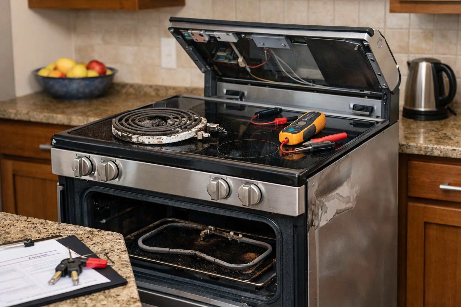 technician inspecting heating element of electric range in modern kitchen repair setting