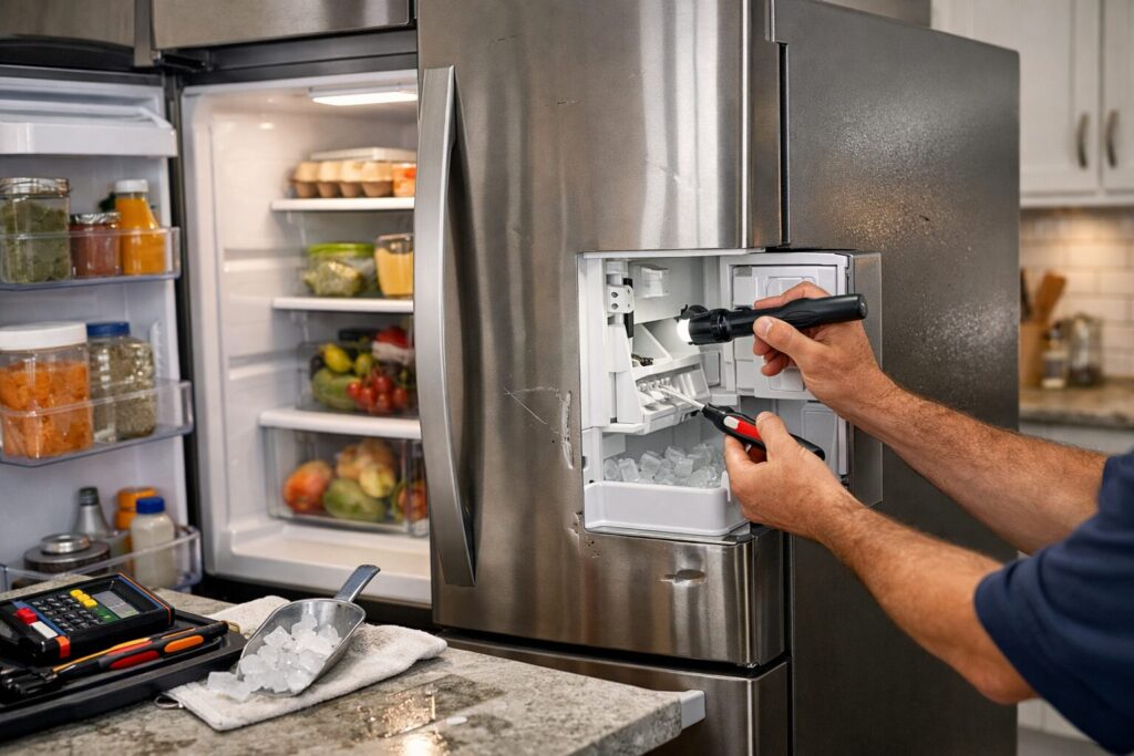 Technician inspecting ice maker inside a scratch and dent French door refrigerator in a modern kitchen setting