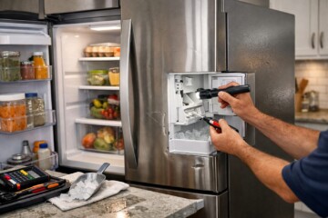 Technician inspecting ice maker inside a scratch and dent French door refrigerator in a modern kitchen setting