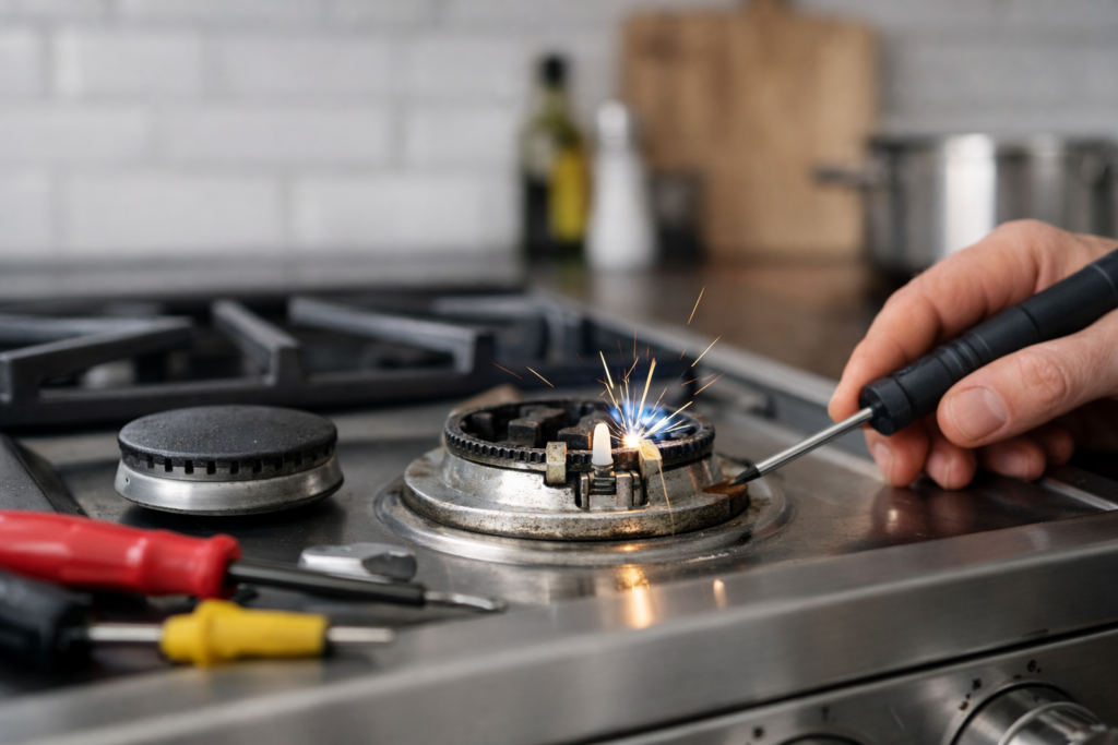 Close-up of a gas range burner with a visible igniter and repair tools on a modern kitchen countertop