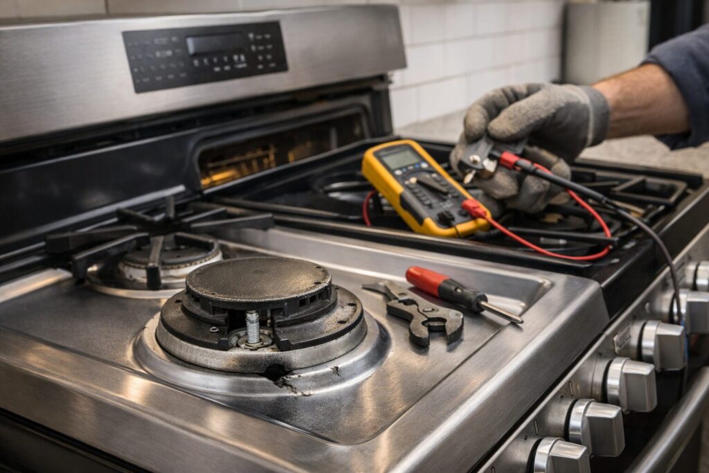 Technician inspecting ignition components on a scratch and dent gas range in a modern kitchen setting