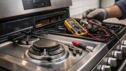 Technician inspecting ignition components on a scratch and dent gas range in a modern kitchen setting