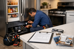 Technician repairing a modern refrigerator in a clean kitchen with repair tools and appliance parts visible on the counter