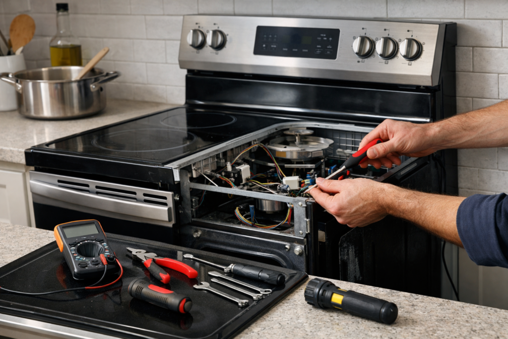 Technician repairing an electric range stove in a modern kitchen with repair tools and open appliance panel visible