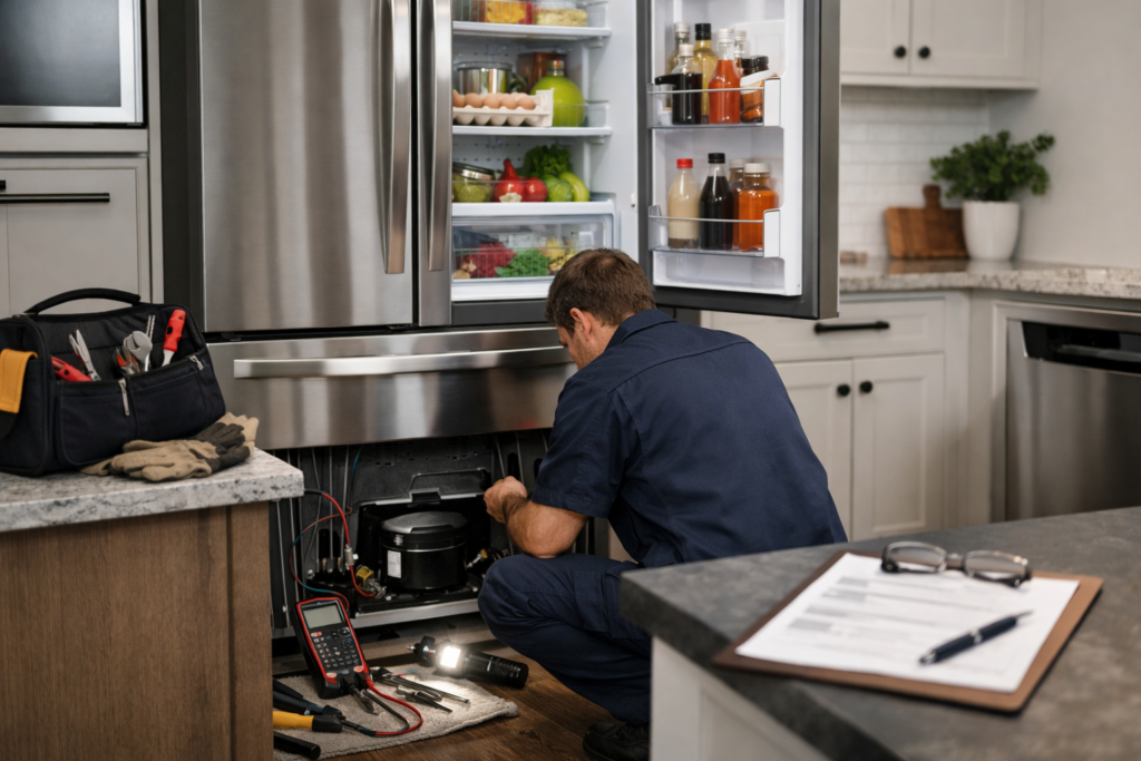 Technician repairing a French door refrigerator in a modern kitchen with repair tools and open fridge doors visible