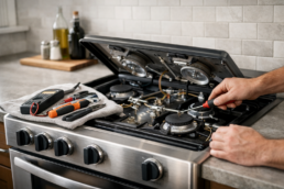 Technician repairing a gas range stove in a modern kitchen with tools and open appliance panel visible