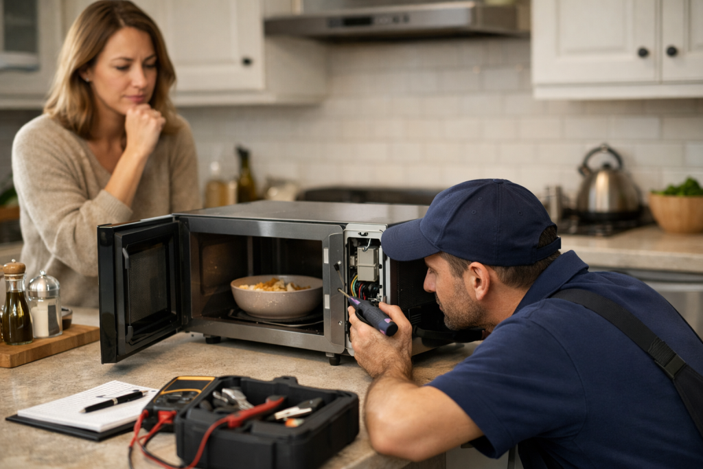 Homeowner reading microwave warranty paperwork next to a modern kitchen microwave with a service technician nearby