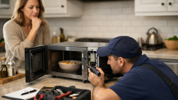 Homeowner reading microwave warranty paperwork next to a modern kitchen microwave with a service technician nearby