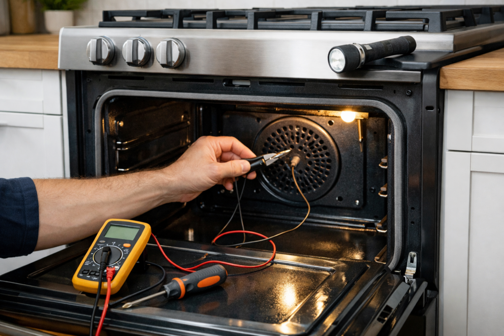 Technician inspecting oven temperature sensor inside a modern gas range in a clean kitchen environment