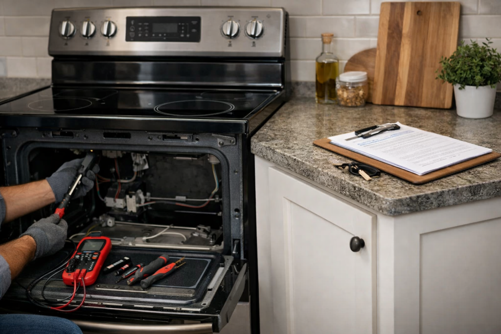 Technician inspecting a modern electric range in a bright kitchen setting with repair tools nearby and warranty documents