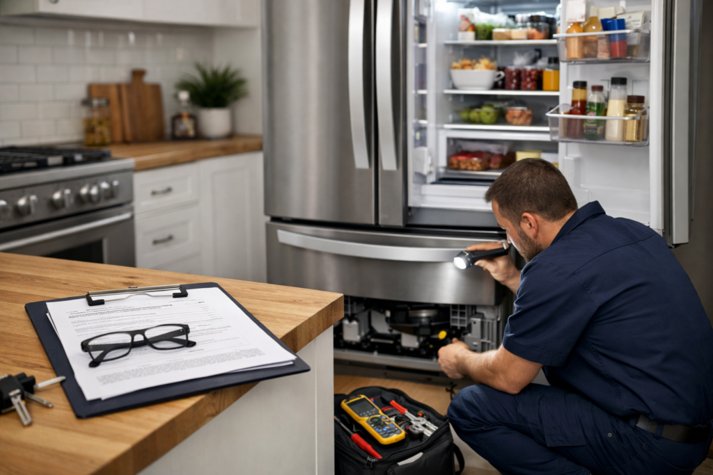 Technician inspecting a modern French door refrigerator in a bright kitchen setting with repair tools nearby
