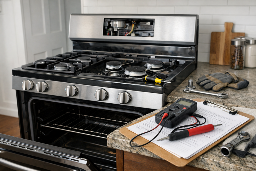 Technician inspecting a modern gas range in a bright kitchen setting with repair tools nearby and warranty documents on