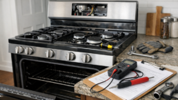 Technician inspecting a modern gas range in a bright kitchen setting with repair tools nearby and warranty documents on
