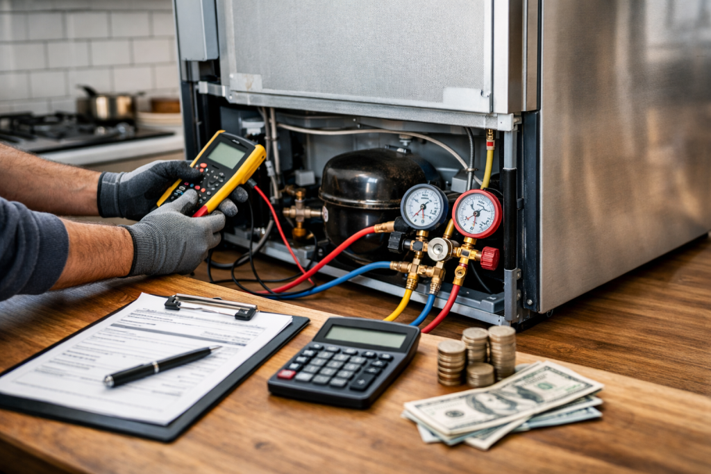 Technician repairing a modern refrigerator in a bright kitchen with repair tools and diagnostic equipment visible