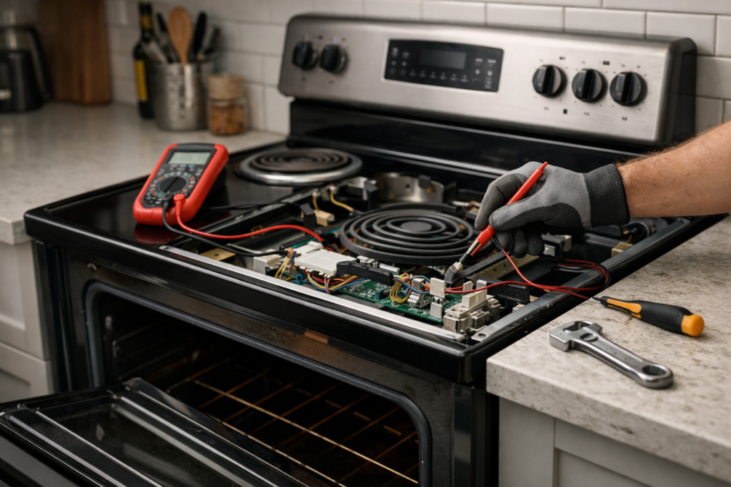 Electric range with open oven door and technician inspecting internal components in a modern kitchen setting