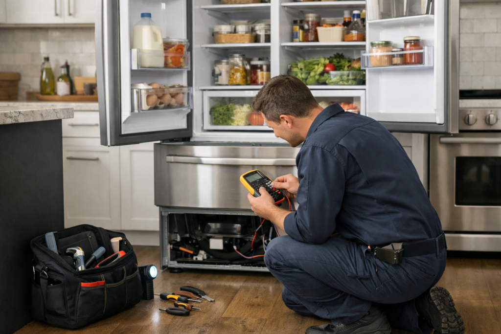 Technician inspecting a modern French door refrigerator in a bright kitchen during a repair service visit