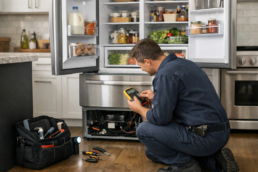 Technician inspecting a modern French door refrigerator in a bright kitchen during a repair service visit