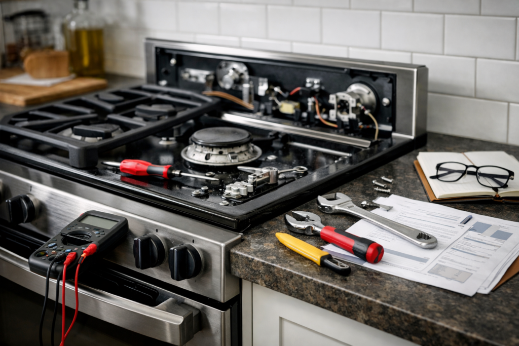 Gas range with open oven door and technician's tools on kitchen counter in modern home repair setting