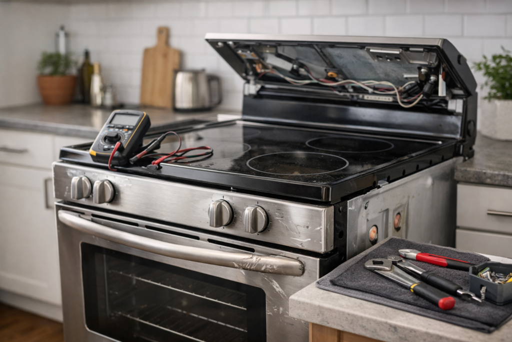 Technician inspecting scratch and dent electric range in modern kitchen with repair tools on countertop nearby