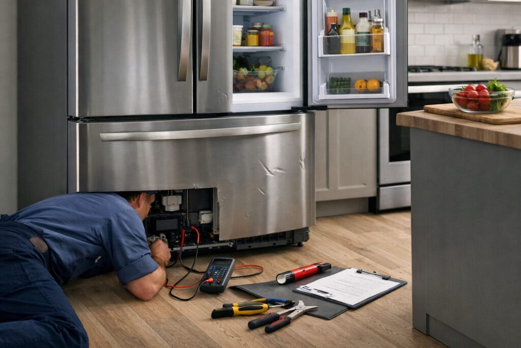 Technician inspecting scratch and dent damage on a stainless steel French door refrigerator in a modern kitchen setting