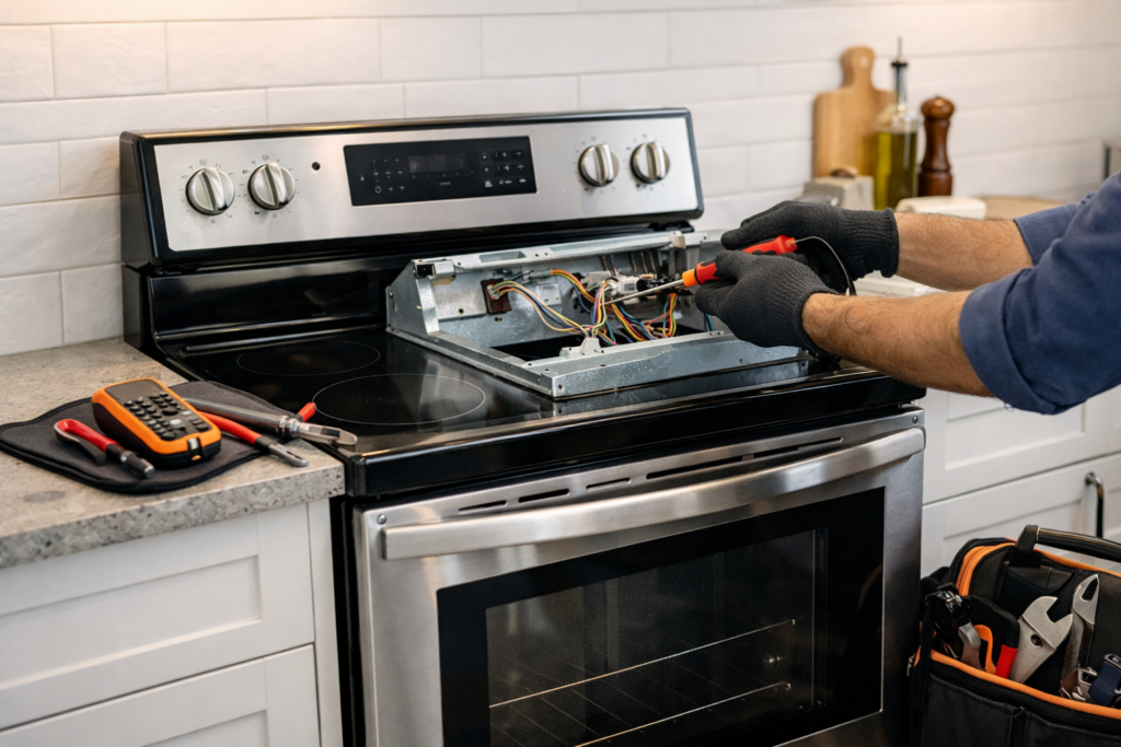 Electric range with open oven door and technician tools nearby in a modern kitchen repair setting