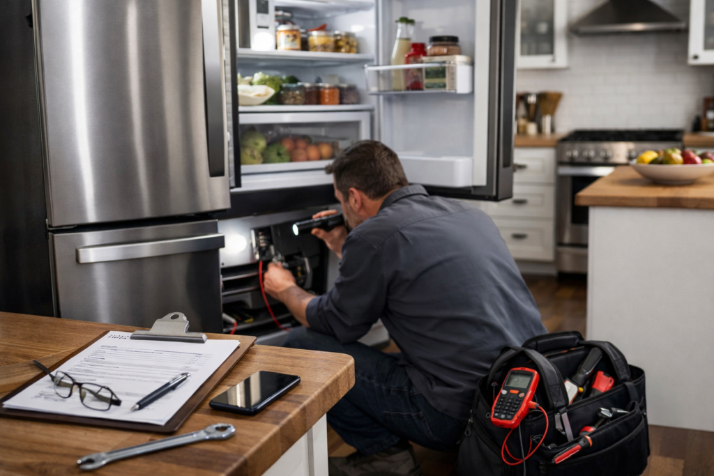 Technician inspecting a French door refrigerator in a modern kitchen during a repair service appointment