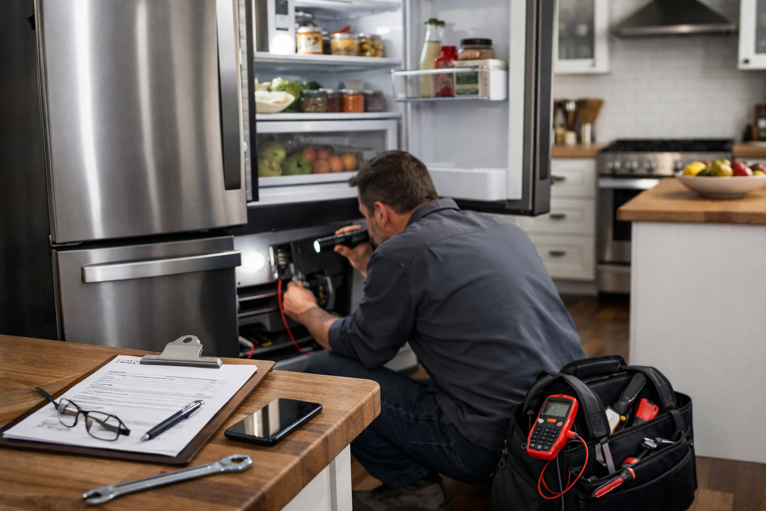 Technician inspecting a French door refrigerator in a modern kitchen during a repair service appointment