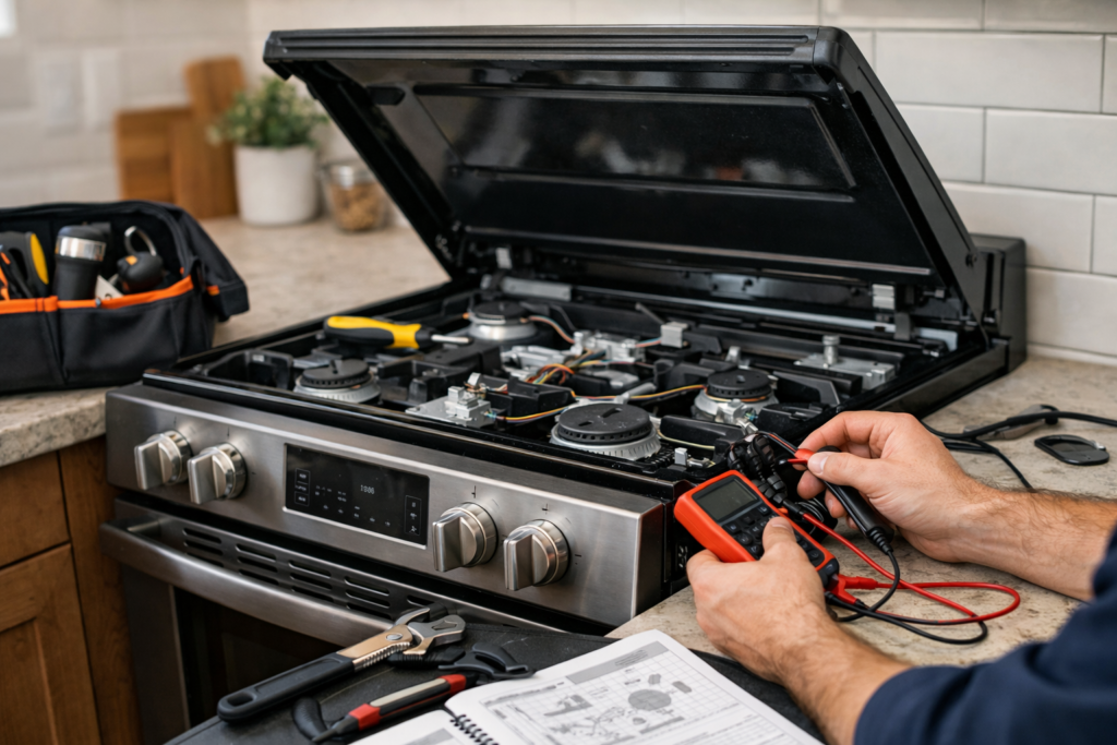 Technician inspecting a gas range stove in a modern kitchen during a repair service appointment